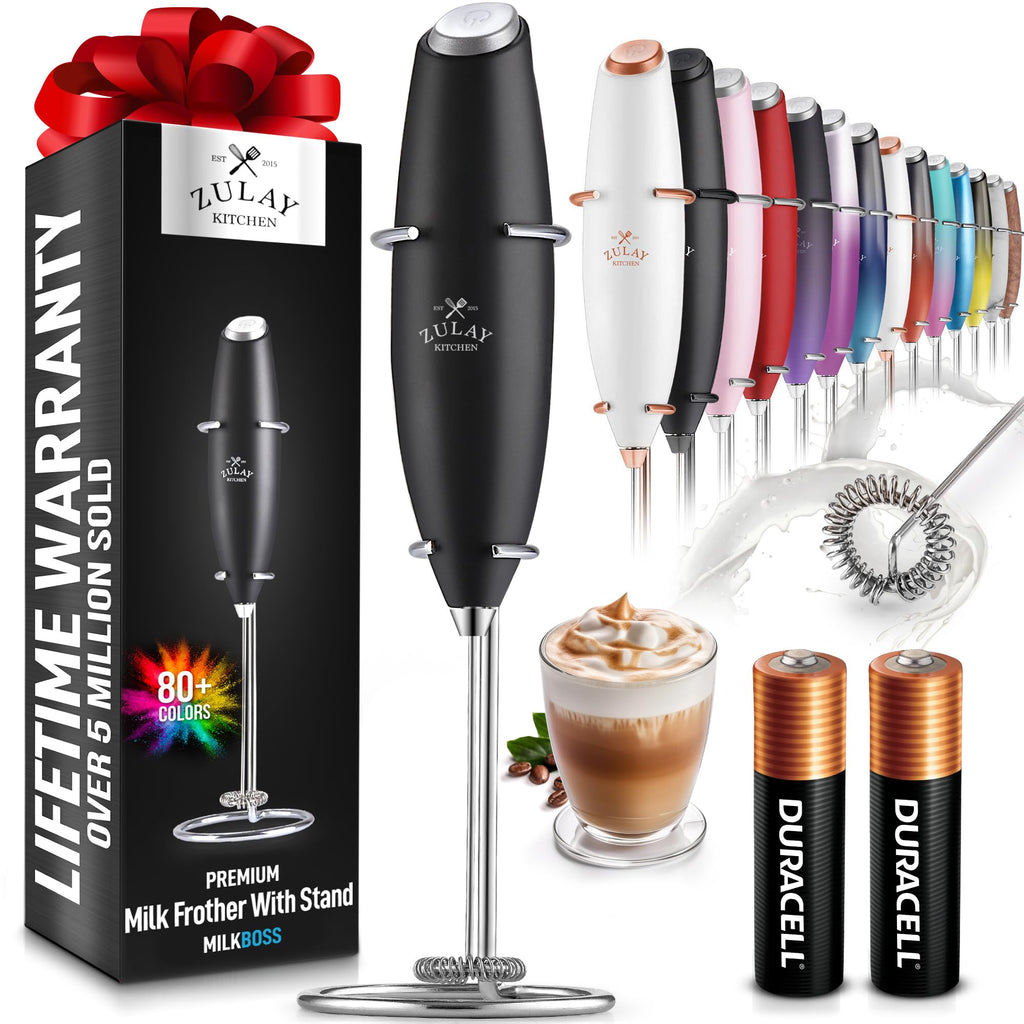 Powerful Milk Frother Wand With 2 Duracell Batteries - Ultra Fast Handheld Drink Mixer - Electric Whisk Foam Maker for Coffee Lattes Cappuccino Matcha Hot Chocolate & Creamer - Black